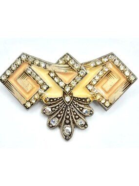 Catherine Popesco Brooch, Art Deco Style, Yellow Enamel Rhinestone Bar Pin